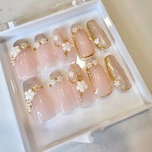 Hand-made pink/white/gold Press on Nails with flowers |with glue